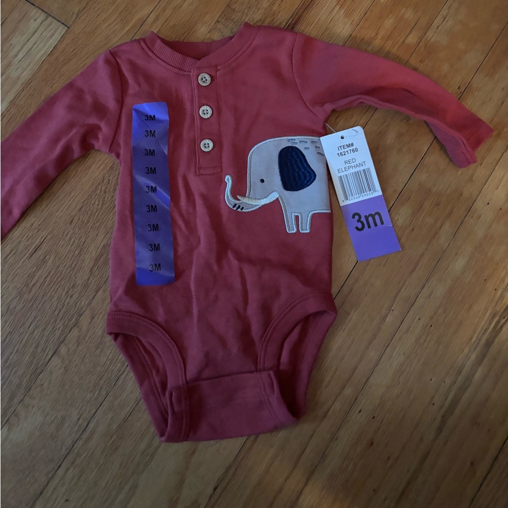 pekoe Unbranded 3M Red Elephant Long-Sleeve Baby One-Piece